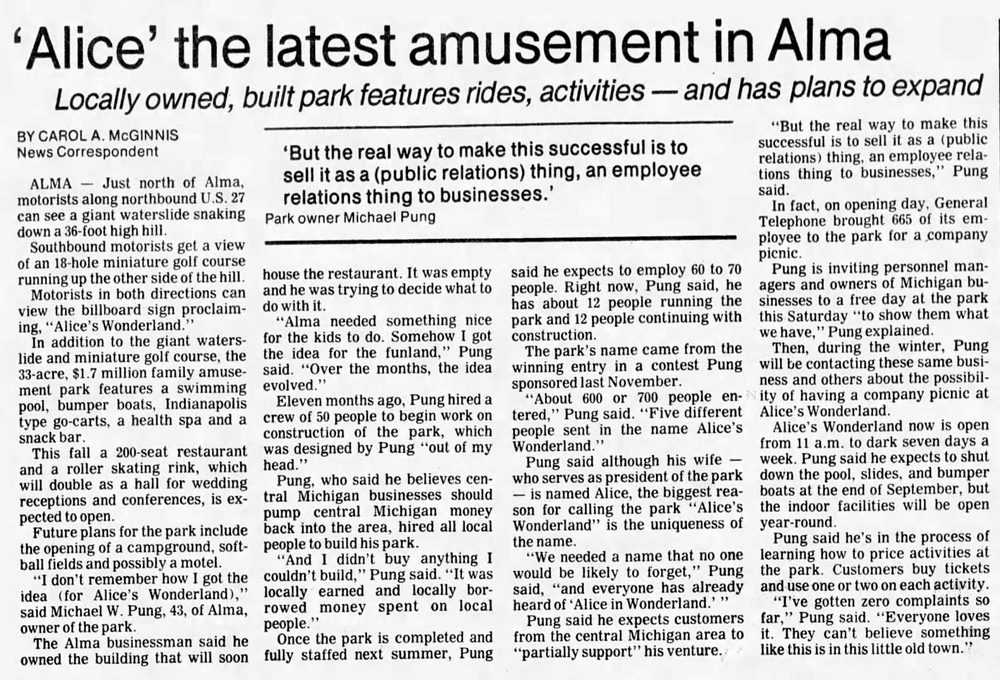 Alices Wonderland - Sept 3 1984 Opening Article (newer photo)